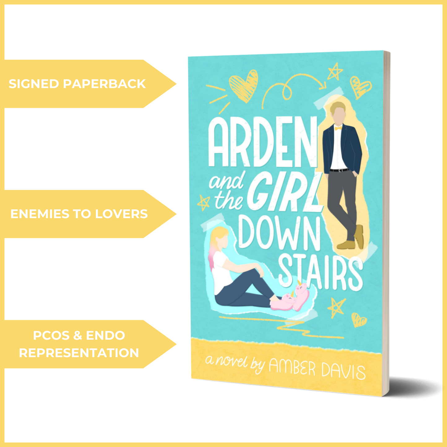 A 3D-rendered book cover with an illustrated design featuring a teal background. A young woman with pink hair sits on the ground while a well-dressed man leans against the title. The title is in bold white and blue font. Three yellow arrows highlight 'SIGNED PAPERBACK,' 'ENEMIES TO LOVERS,' and 'PCOS & ENDO REPRESENTATION.'