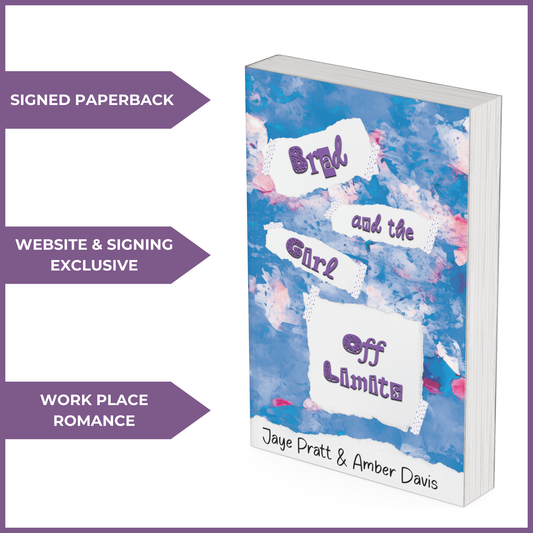 A 3D-rendered book cover with a blue, pink, and white watercolor background. The title appears on torn paper pieces. Three purple arrows highlight 'SIGNED PAPERBACK,' 'WEBSITE & SIGNING EXCLUSIVE,' and 'WORKPLACE ROMANCE.'