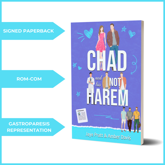 A 3D-rendered book cover with a bright blue background featuring an illustrated design. Multiple characters are depicted, including a man and woman standing at the top, with a group of men and a doctor below. The title is in bold white and blue font. Three blue arrows highlight 'SIGNED PAPERBACK,' 'ROM-COM,' and 'GASTROPARESIS REPRESENTATION.'