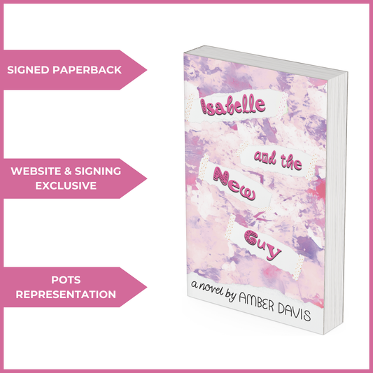 A 3D-rendered book cover with a pink and purple watercolor background. The title appears on torn paper pieces. Three pink arrows highlight 'SIGNED PAPERBACK,' 'WEBSITE & SIGNING EXCLUSIVE,' and 'POTS REPRESENTATION.'