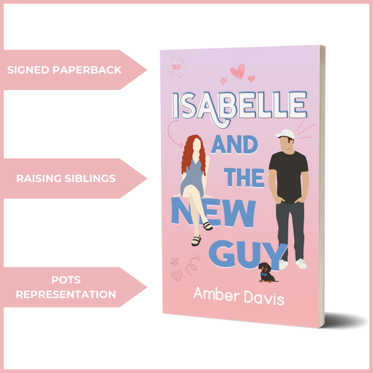 A 3D-rendered book cover with a gradient pink background featuring an illustrated design. A red-haired woman sits on part of the title, while a man in a baseball cap stands nearby. A small dachshund is positioned near the bottom. The title is in bold white and blue font. Three pink arrows highlight 'SIGNED PAPERBACK,' 'RAISING SIBLINGS,' and 'POTS REPRESENTATION.'