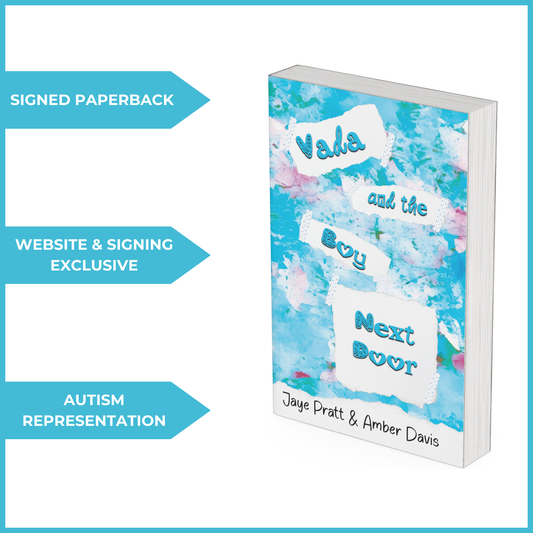 A 3D-rendered book cover with a blue and white watercolor background. The title appears on torn paper pieces. Three blue arrows highlight 'SIGNED PAPERBACK,' 'WEBSITE & SIGNING EXCLUSIVE,' and 'AUTISM REPRESENTATION.'